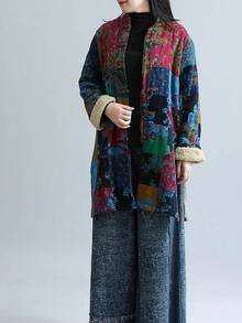LUZU JUNU Women's Trench Coat Floral Print Long Cotton Linen Jacke Cottagecore Clothing Patchwork Outwear Bohemian Unique - 藍色夾克毛絨襯裡 - 查看 9