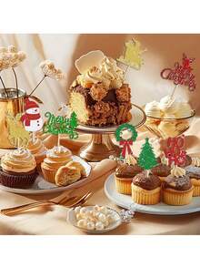 24 件“圣诞快乐”纸杯蛋糕装饰，圣诞树、驯鹿、雪人、雪橇图案纸杯蛋糕装饰，圣诞派对蛋糕装饰 - 彩色 - 查看 10