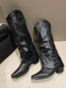 Vintage Riveted High Tube Boot, French Western And Knight-Style Women's Boot, All-Match Style For Short Statured Women - 黑色 - 查看 13