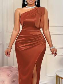 BIUBIU Plus Size Women's Sexy Red Bow Shoulder Ruched High Slit Satin Solid Color Dress, Suitable For Party, Wedding, Anniversary And Other Occasions Elegant Summer - Rust Brown - View 6