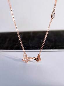 BALMORA 1pc Elegant And Exquisite S925 Sterling Silver Small Zirconia Smooth Face Double Butterflies Pendant Necklace For Women For Birthday Gift