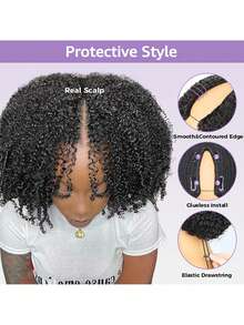 OQ Hair No Leave Out V Part With Elastic Drawstring Protective Style Afro Curly Glueless Wig 180% Density 14-16 Inch Bob Wig 18-30 Inch Long Wig Natural Black Top Quality Natural Looking Versatile Style Human Hair Wig Frontal Human Hair Real Human Hair Wigs Wear And Go Glueless Wig Human Hair Free Gifts Free Shipping Halloween Costumes Human Hair Wigs Halloween Travel Essentials Y2K Turn Up Baddie Holiday Vacation For Women - S1 - View 5