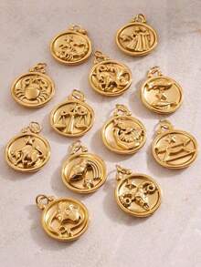 1pc Stainless Steel 12 Zodiac Signs Reversible Pendant, Suitable For Men And Women Daily Wear, Birthday Gift (Without Chain) - Gold - View 9