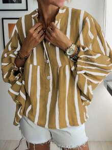 Plus Size Women V-Neck Ruffle Sleeve Random Striped Print Blouse Top, Autumn Spring - Yellow - View 4