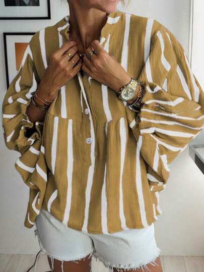 大码女式V领荷叶袖随机条纹印花衬衫上衣，秋冬季