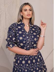 Women's Fashion Midi Dress In 3D Laise Fabric With Elastex On The Back And Button On The Front And Lining - 海軍藍雙色 3D - View 3