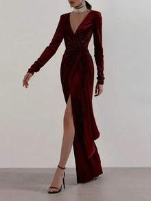 优雅浪漫约会天鹅绒长袖圣诞连衣裙，圣诞派对连衣裙 - 酒紅色 - 查看 3