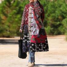 LUZU JUNU Women's Trench Coat Floral Print Long Cotton Linen Jacke Cottagecore Clothing Patchwork Outwear Bohemian Unique - 復古灰色溫暖絎縫 - 查看 5