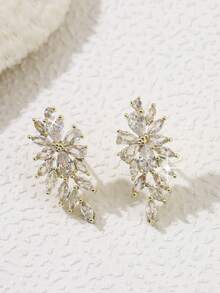 1pair Luxury Flower Cubic Dangle Earrings For Women Bridal Wedding Jewelry Gift For Female Girlfriend Valentine's Day Accessories - Golden - View 7