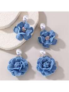 Denim Fabric Rose Flower Three-Dimensional Camellia Handmade Flower Pearl Stud Earrings Women Jewelry - 花苞#EZ5584-B - 查看 2