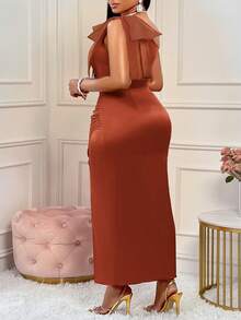 BIUBIU Plus Size Women's Sexy Red Bow Shoulder Ruched High Slit Satin Solid Color Dress, Suitable For Party, Wedding, Anniversary And Other Occasions Elegant Summer - Rust Brown - View 2