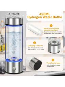 1个14盎司（420毫升）便携式硼硅酸盐玻璃氢离子水瓶，美容健康杯，可充电富氢水生成器，采用SPE/PEM技术快速电解，改善水质，适合家庭、学校、办公室、旅行、健身和日常补水，是送给长辈的绝佳礼物。
