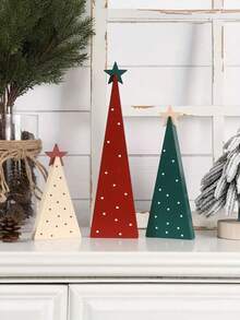 1/3 Pcs Wooden Christmas Tree Ornaments - Modern Minimalist White, Red And Green Desktop Standing Decorations With Star-Shaped Toppers, Layered Holiday Pendants And A Sturdy Base, Suitable For Home, Desks, Bookshelves, Offices, And Parties Christmas Decorations Winter Room Decor Christmas Decorations Home Christmas Gifts Christmas Decor - Multicolor - View 1