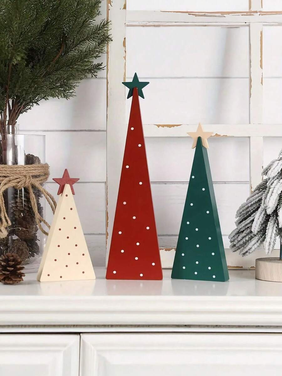 1/3 Pcs Wooden Christmas Tree Ornaments - Modern Minimalist White, Red And Green Desktop Standing Decorations With Star-Shaped Toppers, Layered Holiday Pendants And A Sturdy Base, Suitable For Home, Desks, Bookshelves, Offices, And Parties Christmas Decorations Winter Room Decor Christmas Decorations Home Christmas Gifts Christmas Decor - Multicolor - View 1