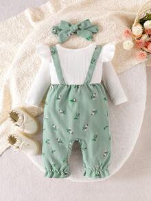 2pcs Baby Girl Ditsy Floral Jumpsuit With Bowknot Decor And Headband, Spring/Autumn - Green - View 4