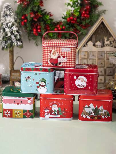 1个铁艺圣诞礼盒，印有圣诞老人、雪人和“圣诞快乐”字样 - 红色、绿色、金色，适合圣诞节、节日装饰、圣诞袜填充物、高级节日容器、季节性储物罐、主题派对装饰、圣诞装饰、冬季房间装饰、家居圣诞礼物等。