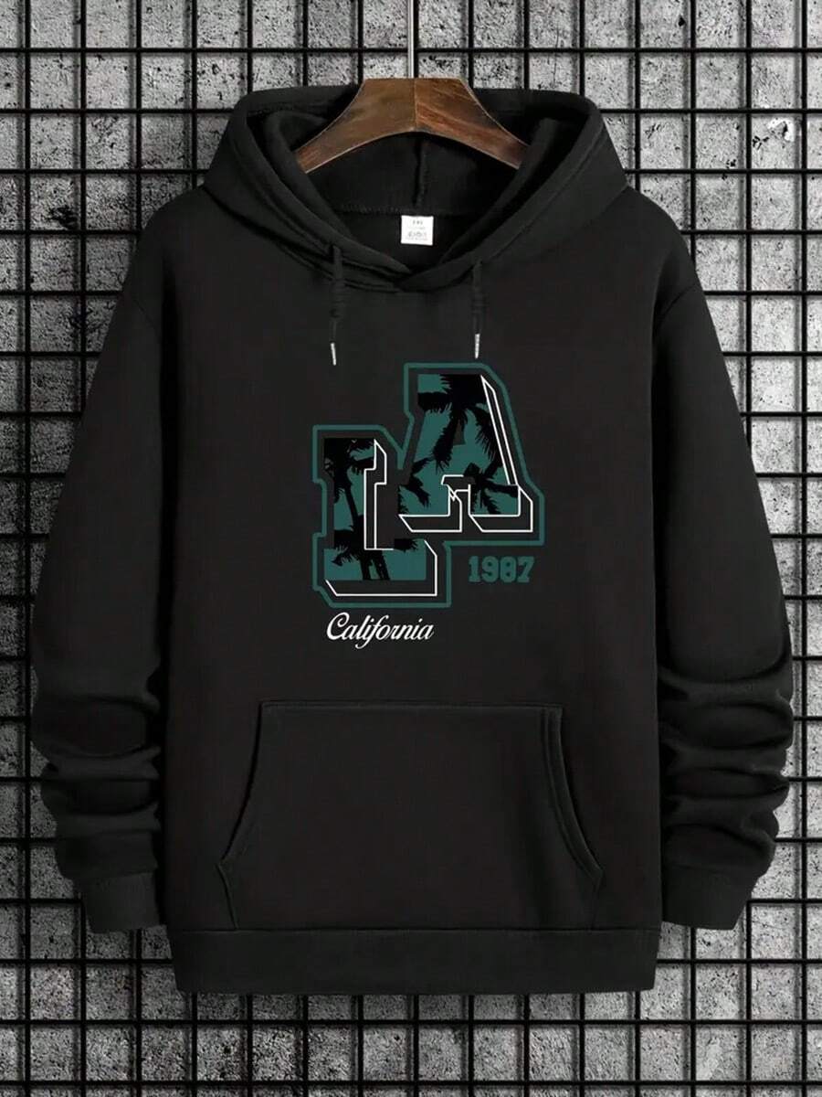 Men's Casual Hoodie With Letter Print - Polyester, Machine Washable, Pocket | Stylish Pullover For Fall & Winter,Fall Hoodies,Men's Fall Clothes,Street Wear,Halloween,Mens Hoodies,Y2k Clothes,Jesus Hoodie,Thanksgiving Day,Nightmare Before Christmas,Christmas - 黑色 - 查看 1