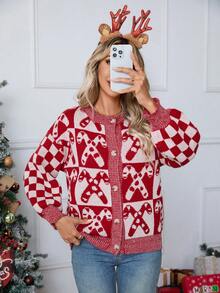 Autumn/Winter New Casual Chic Christmas Sweater Button Front Long Sleeve Cardigan Red Top Long Sleeve Going Out Top Thanksgiving For Women New Year Women's Party Daily Wear Date Festival Christmas - Red - View 3