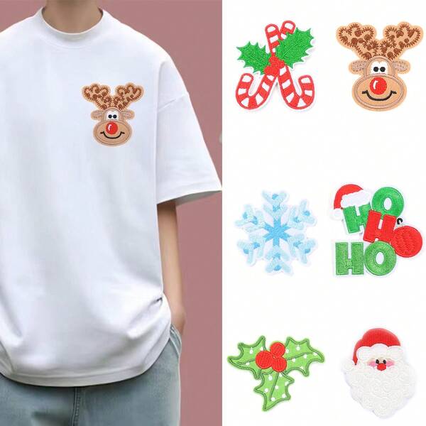 2/6pcs Santa Claus & Reindeer Fabric Patches, Non-Woven Christmas Series Candy Cane, Letter, Leaf Fabric Patches, DIY Clothing, Shoes, Hats Decoration