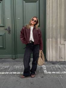 Urban Casual Solid Color Front Zipper Pocket Jacket, Relaxed Long Sleeve Bomber Jacket, Suitable For Spring And Autumn - Burgundy - View 3