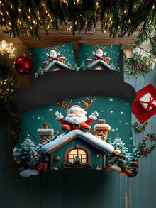 2/3 pcs Set Sprei Duvet Bermotif Pohon Natal, Kado, Kepingan Salju, Rusa, Santa Claus dengan Cetakan Digital, Lembut & Nyaman, Cocok Untuk Kamar Tidur, Kamar Tamu, Ruang Bermain, Hotel, Asrama - MultiWarna - View 6