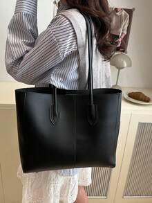 2pcs Women Black Quilted Lining Shoulder Tote Bag, Fashion Large Capacity Combination Handbag With Snap Closure, Casual Street Style For Daily Commute - Black - View 2