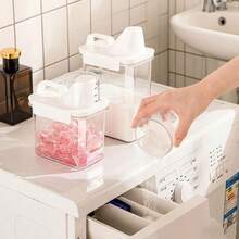 1 pièce Boîte de rangement pour la lessive multifonctionnelle en acrylique transparent, distributeur de détergent avec tasse de mesure, corps de conteneur transparent, conception à double joint, large ouverture pour un remplissage facile, bocal de rangement pratique pour la maison - Blanc - Voir 7
