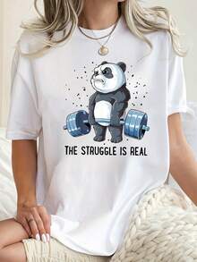 Camiseta Casual De Manga Corta Para Mujer Con Estampado Divertido De Panda En El Gimnasio Y Frase "The Struggle Is Real" - Cuello Redondo, Ajuste Relajado Para Verano, Entrenamiento O Descanso - Lavable A Máquina, Cómoda Y Transpirable - blanco - Ver 1
