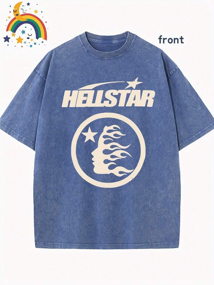 Star Pattern And "" Letter Print Men'S Summer Loose Fit Short Sleeved Washed Vintage 230g Pure Cotton Comfortable Breathable Casual Street Round Neck T-Shirt - 寶藍色 - 查看 1