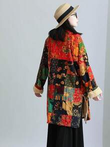 LUZU JUNU Women's Trench Coat Floral Print Long Cotton Linen Jacke Cottagecore Clothing Patchwork Outwear Bohemian Unique - 黃色夾克毛絨襯裡 - 查看 6