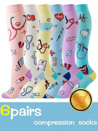 6 par GRADUERAD Cirkulation Atletiska Sjuksköterskekompressionsstrumpor Dam Herr Söt Hjärtmönster Andningsbara Knähöga Strumpor Dam Sport Tandläkare Sjuksköterskekompressionsstrumpor Lämpliga För Löpning, Cykling, Vandring Knähöga Vadstrumpor För Sjuksköterskor