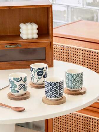 Juego de 4 tazas de espresso de cerámica con estampado minimalista y bandeja de madera, elegante para uso doméstico, verde, café de la mañana, té de la tarde, capuchino, escritorio de oficina, juego de tazas de café para parejas y familias, estilo japonés
