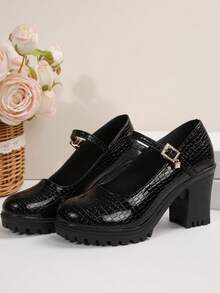 Women's Classic Thick Heel High Heels, Chunky Heel Pumps, Comfortable Work Shoes, Spring/Summer 2025 - 黑色 - 查看 5