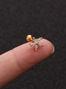 3pcs 14K Gold Plated Stainless Steel Cubic Zirconia Flower Cartilage Earrings, Suitable For Ear Helix, Tragus, Conch, Round CZ Piercing Jewelry - Gold-1# - View 3