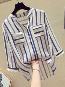 Women's Casual Comfortable Commuting Elegant Striped Pocket V-Neck Button-Down Shirt Summer Top - Purple - View 2