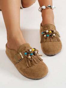 秋冬新款女士厚底鞋，牛津鞋款式，坡跟厚底，休闲套脚鞋，包头设计，流苏串珠装饰，舒适百搭，适合户外旅行、休闲场合及室内穿着，时尚鞋履 - 棕色 - 查看 4