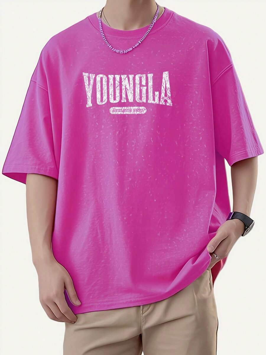 Men's Oversized Heavyweight 100% Cotton Vintage Washed YOUNGLA Pattern T-Shirt - Loose Street Style Printed Top With Eye-Catching Large Letter Design, Brown Distressed Effect, Large Size Round Neck Short Sleeve Casual Shirt Suitable For Men And Teenagers, Suitable For Daily Wear In Spring, Summer, And Autumn (Extra Large And Extra Tall Sizes Available) - Hip-Hop Style Loose Fit, Machine Washable, Unisex Style Suitable For Casual Outings And Sports, Urban Fashion , Durable Fabric, High-Quality Printing, Youth Clothing - 玫紅色 - 查看 1