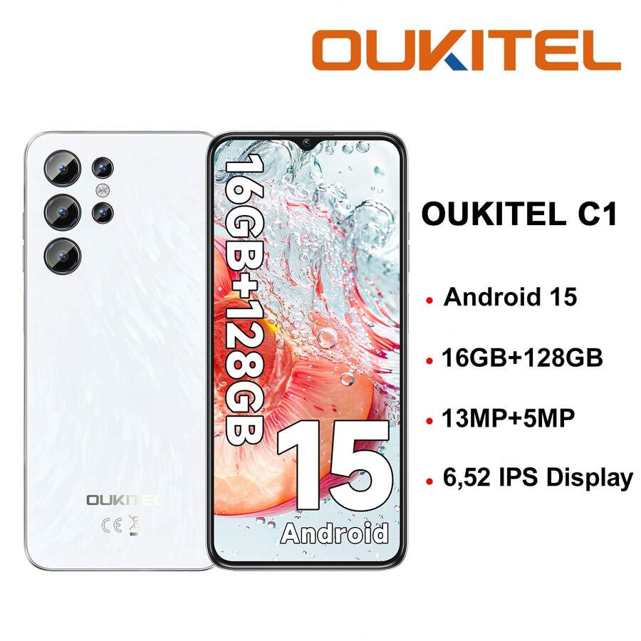 OUKITEL C1 无锁智能手机，6.52 英寸高清+显示屏，16(4+12)GB+128GB/1TB 内存，Android 15 操作系统，双卡双待 4G，13MP+5MP 摄像头，5150mAh 电池，指纹解锁，OTG/GPS（不含充电器） - 白色 - 查看 1