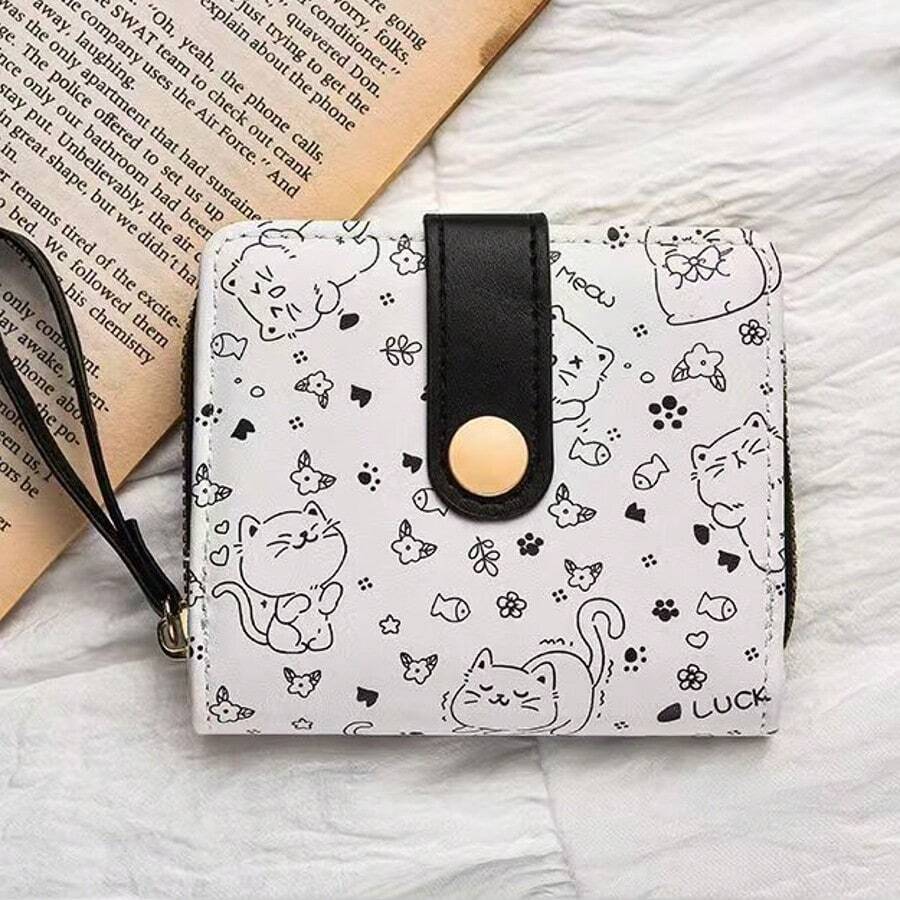 Cute Petite Cat Design Wallet, Women's Small Zipper Purse With Card Holder, Fresh Japanese Style - 黑色 - 查看 1