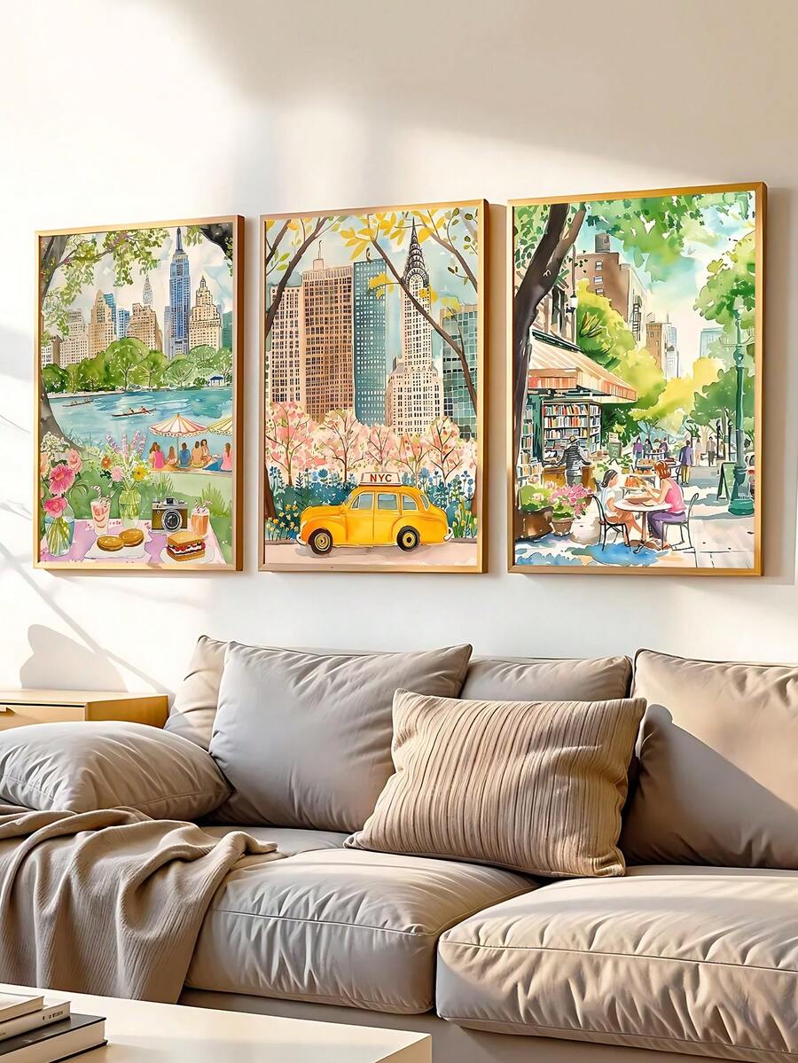 3 pezzi Quadri murali moderni ad acquerello della città di New York, cartellone su tela di New York, decorazione da parete a tema viaggio, pittura paesaggistica del Central Park di New York, opera d'arte murale dei landmark di New York, adatta per camera da letto, soggiorno, ufficio, sala da pranzo, cucina, studio, corridoio, dormitorio, bagno, regalo ideale per amici, opera d'arte da parete, decorazione da parete, decorazione per la casa, decorazione per la stanza, tela artistica da parete, cartellone, opera d'arte incorniciata, opzioni di cornice disponibili - Multicolore - Visualizzare 1
