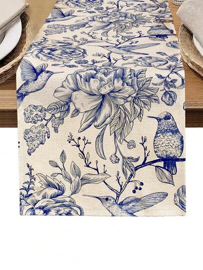 1 件花卉和鸟类图案印花桌旗，4 件花卉和鸟类图案印花餐垫，适合节日、派对、生日、晚宴、厨房和餐厅装饰，四季家纺装饰