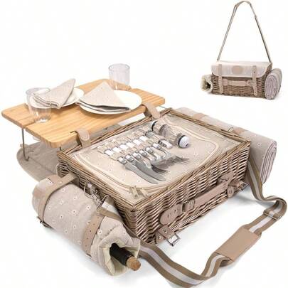 Multifunctional Wicker Picnic Basket Set For 2 With Blanket And Picnic Table Insulated Picnic Set With Full Tablewares For Camping Outdoor Couples Flowers