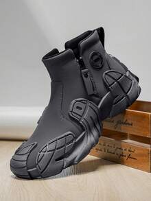 Men's Hiking Boots, Autumn/Winter New High-Top Thick Sole Anti-Slip Zipper Convenient Wear, Gear Tread Mechanical Futuristic Chunky Sneakers For Young Men, Students, Casual, Outdoor, Hiking, Running, Shock Absorption