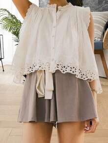 Women's Summer Button Down Blouses Casual Stylish Solid Eyelets Trim Loose Fit Sleeveless Tops - trắng - Xem 5