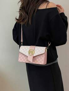 Letter Print Multi-Compartment Flap Shoulder Bag For Women - Pink - View 5