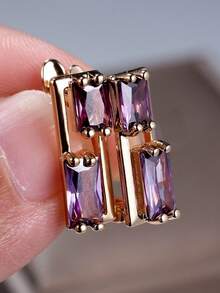 1 Pair Vintage Exquisite Asymmetric Square Cubic Zirconia Earrings, Gifts For Women, Dates, Parties, Birthdays, Holidays - Purple - View 5