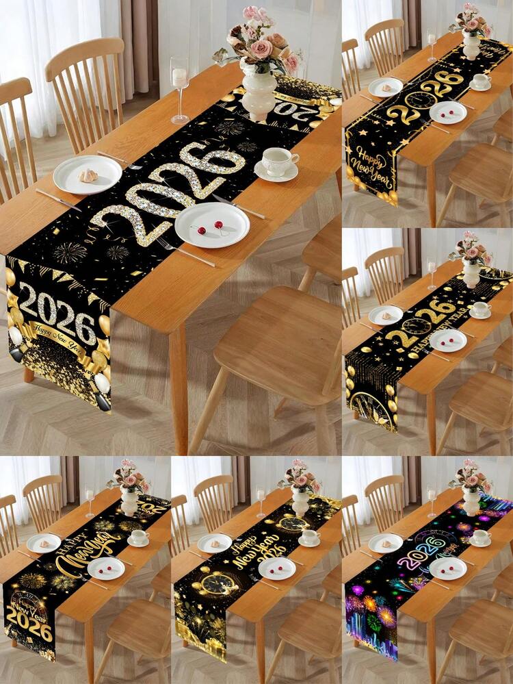 1pc Happy New Year 2026 Table Runner, Black Gold Glitter Diamond Clock Balloon New Year Celebration Kitchen Dining Table Decor, Colorful Fireworks Happy New Year Party Tablecloth Supplies, Indoor Outdoor Home Party Decor, Happy New Year 2026 Decoration - Multicolor - View 1