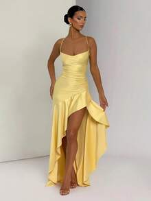 Vestido de tirantes con abertura y volantes en el bajo, de unicolor y sexy para mujer - Amarillo - Ver 6