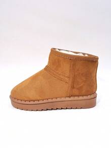 1 Pair Of Children's Snow Boots With Brown, Black, Pink Plush Lining And Suede Lining For Warmth And Anti Slip. Short Top, Flat Heel, Simple, Casual, Comfortable And Fashionable. Children's Snow Boots For Winter Holiday Travel - Brown - View 5