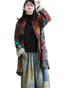 LUZU JUNU Women's Trench Coat Floral Print Long Cotton Linen Jacke Cottagecore Clothing Patchwork Outwear Bohemian Unique - 復古灰色夾克毛絨襯裡 - 查看 1